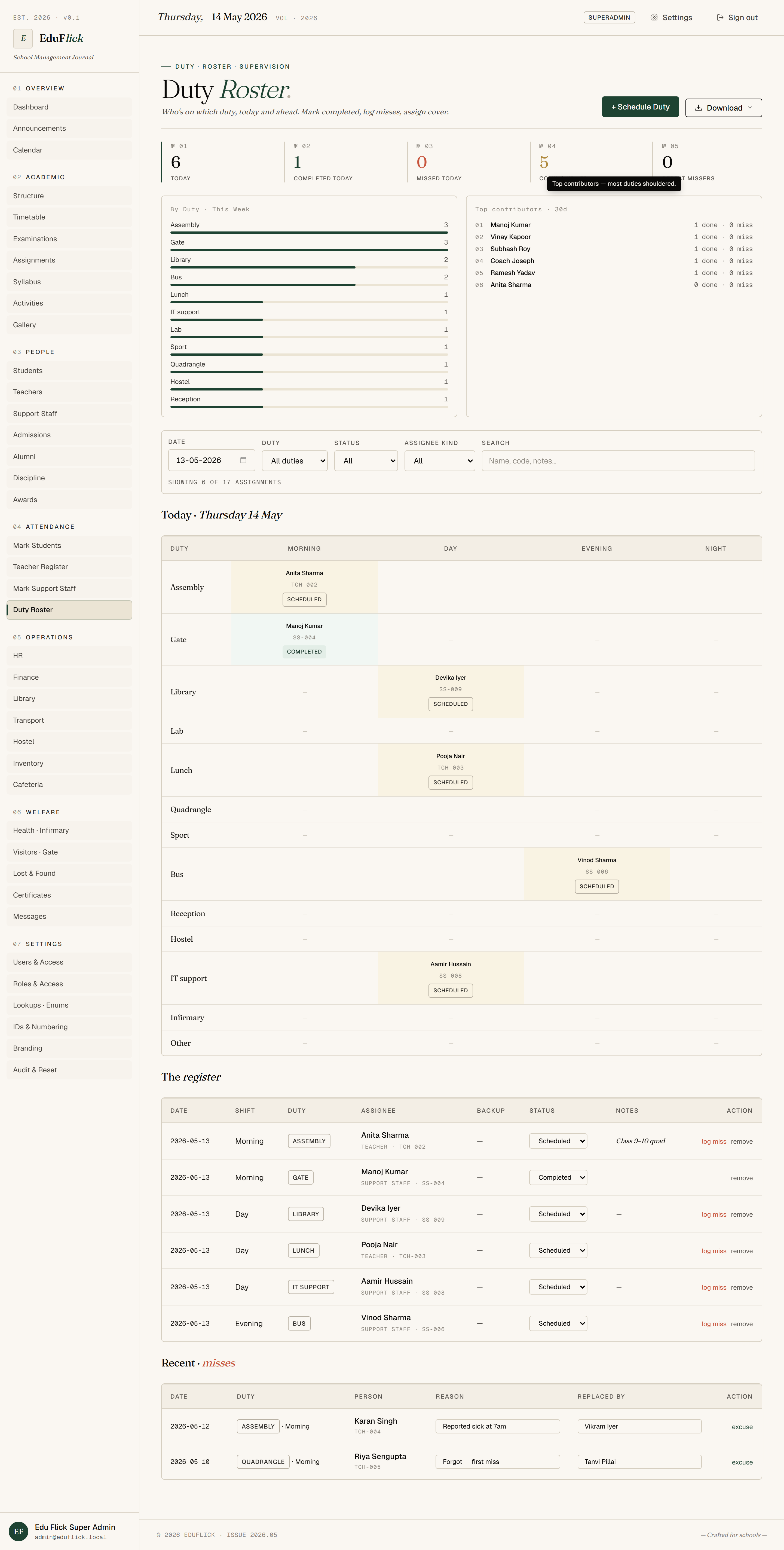 Duty roster